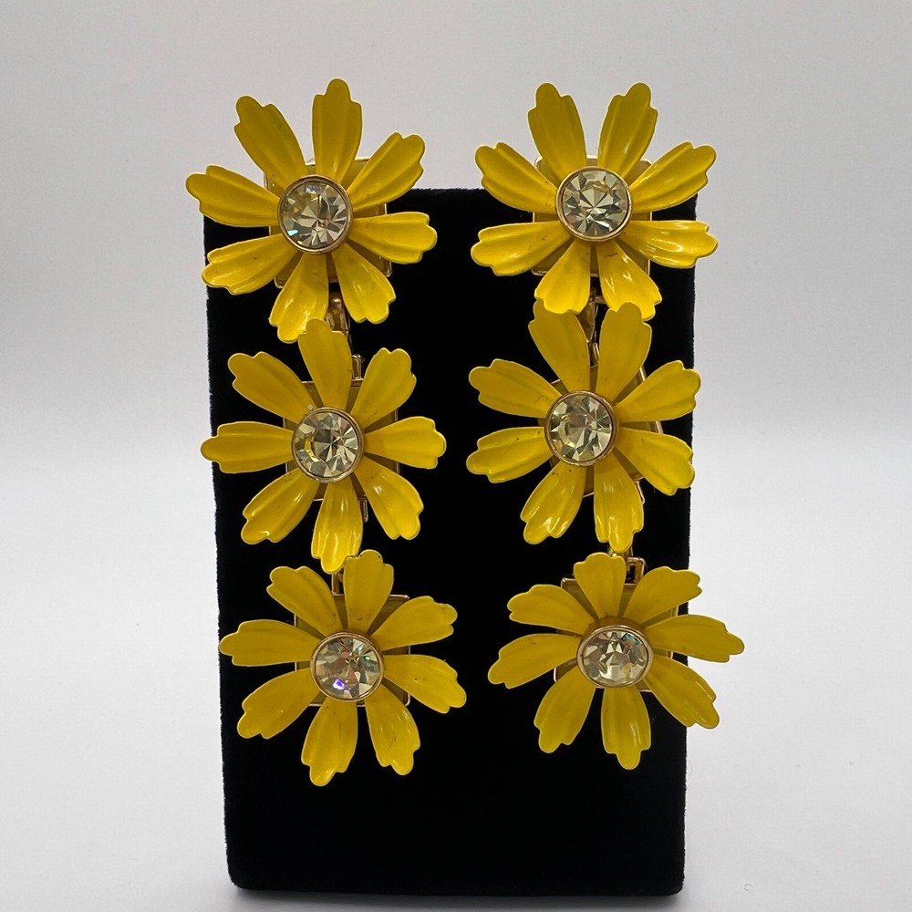 J.Crew Yellow Enamel Daisy Flower Tiered Drop Earrings Gold Tone Rhinestone 3"